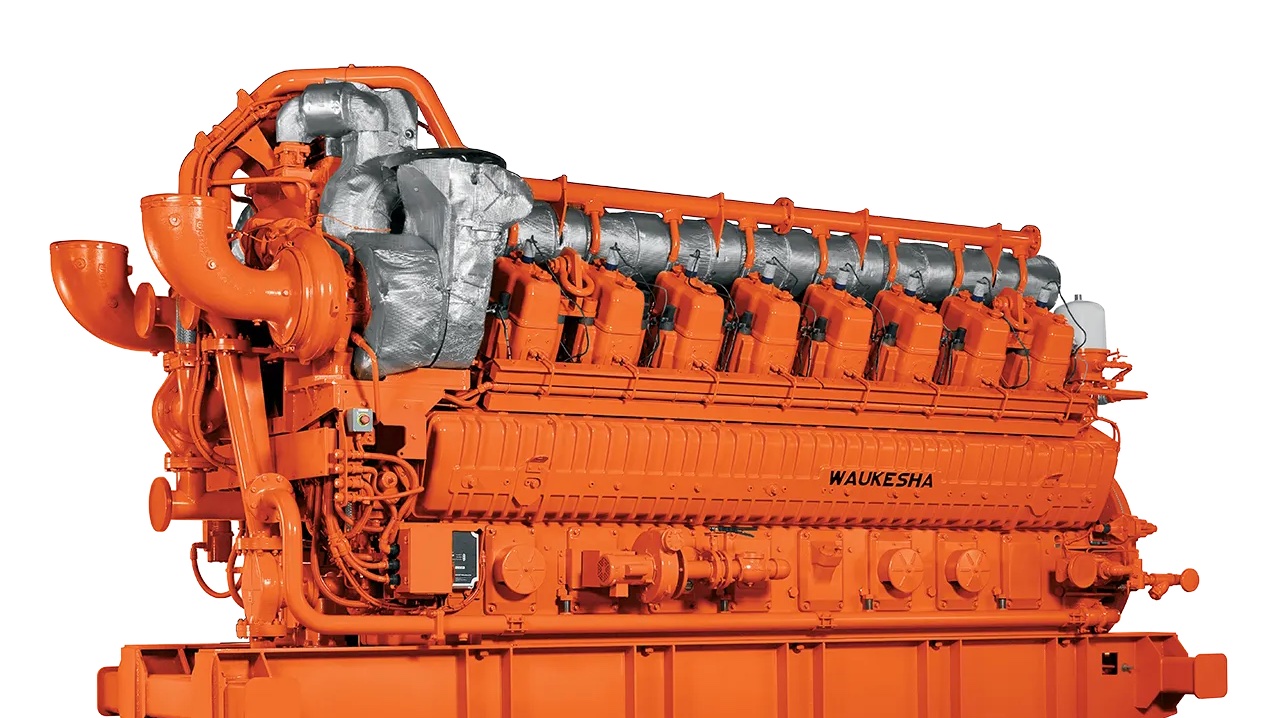 Orange Waukesha 16V 275GL+ lean-burn natural-gas engine on a skid